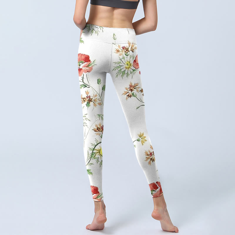 White Daisy Red Flower Print Sports Leggings Women's Yoga Pants
