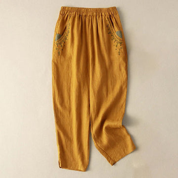 Vintage Embroidery Elastic Waist Capri Harem Pants With Pockets