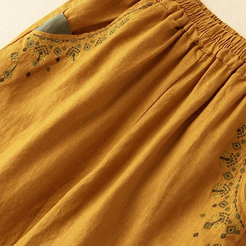 Vintage Embroidery Elastic Waist Capri Harem Pants With Pockets