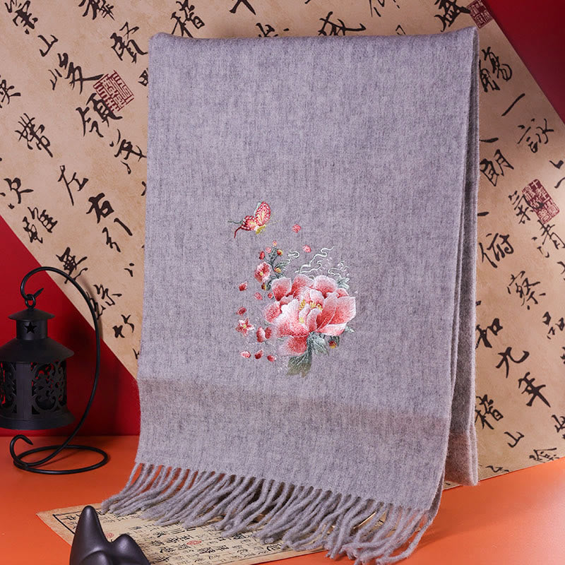 Wool Shawl Pink Peony Butterfly Embroidery Tassel Winter Cozy Travel Scarf Wrap