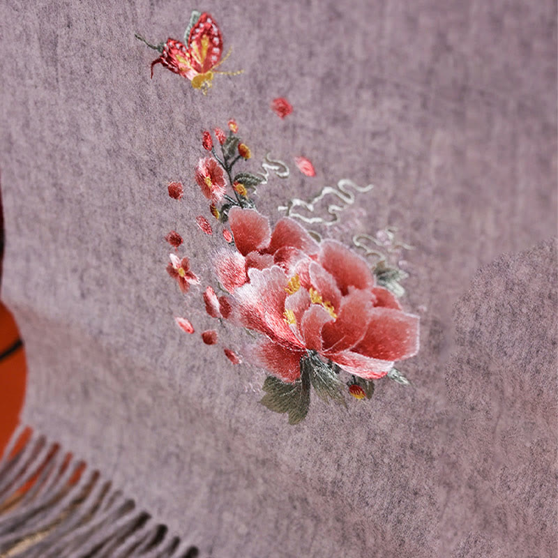 Wool Shawl Pink Peony Butterfly Embroidery Tassel Winter Cozy Travel Scarf Wrap