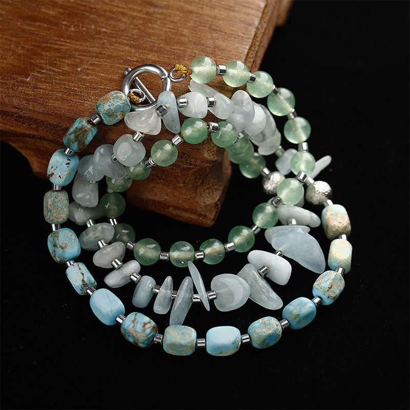 Triple Wrap Imperial Jasper, Green Aventurine & Aquamarine Layered Stone Bracelet