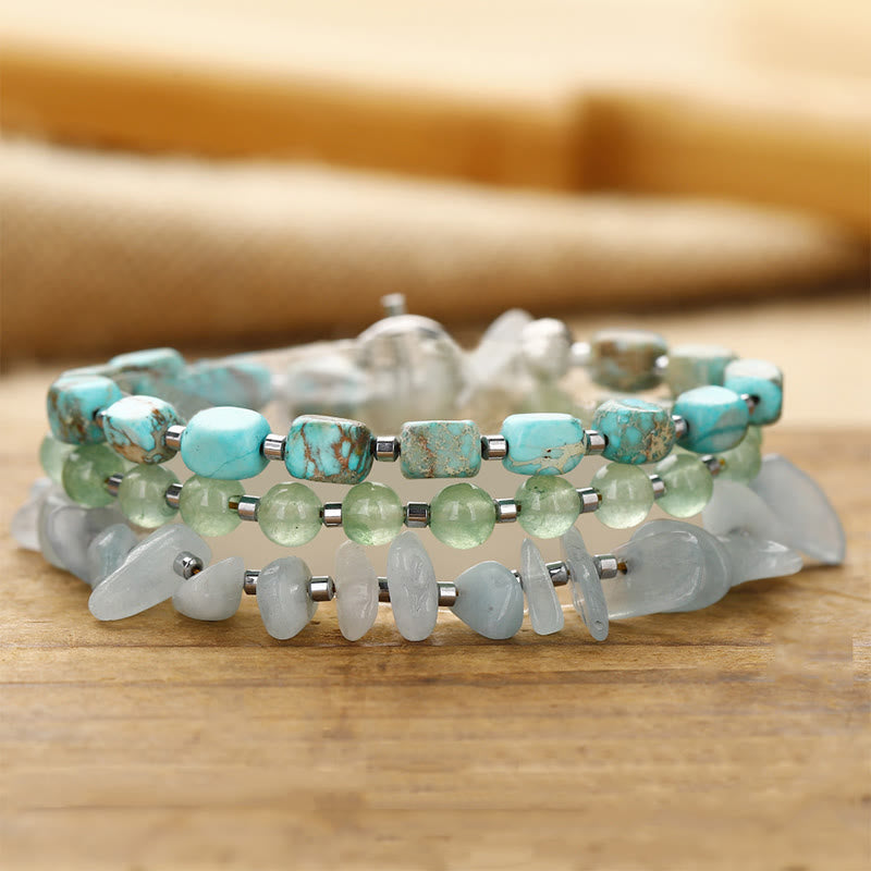 Triple Wrap Imperial Jasper, Green Aventurine & Aquamarine Layered Stone Bracelet