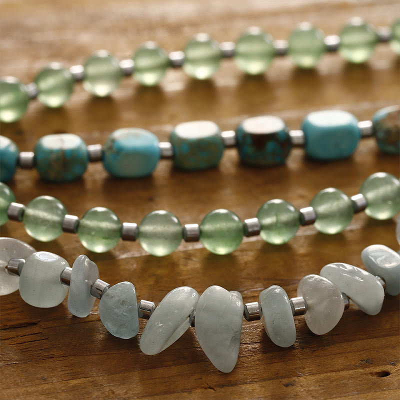 Triple Wrap Imperial Jasper, Green Aventurine & Aquamarine Layered Stone Bracelet