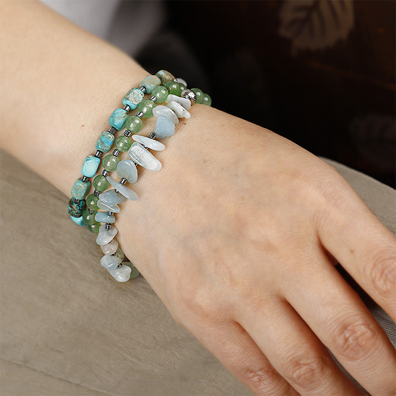 Triple Wrap Imperial Jasper, Green Aventurine & Aquamarine Layered Stone Bracelet