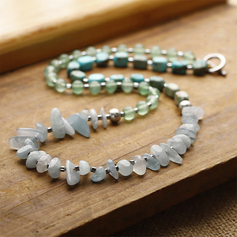 Triple Wrap Imperial Jasper, Green Aventurine & Aquamarine Layered Stone Bracelet