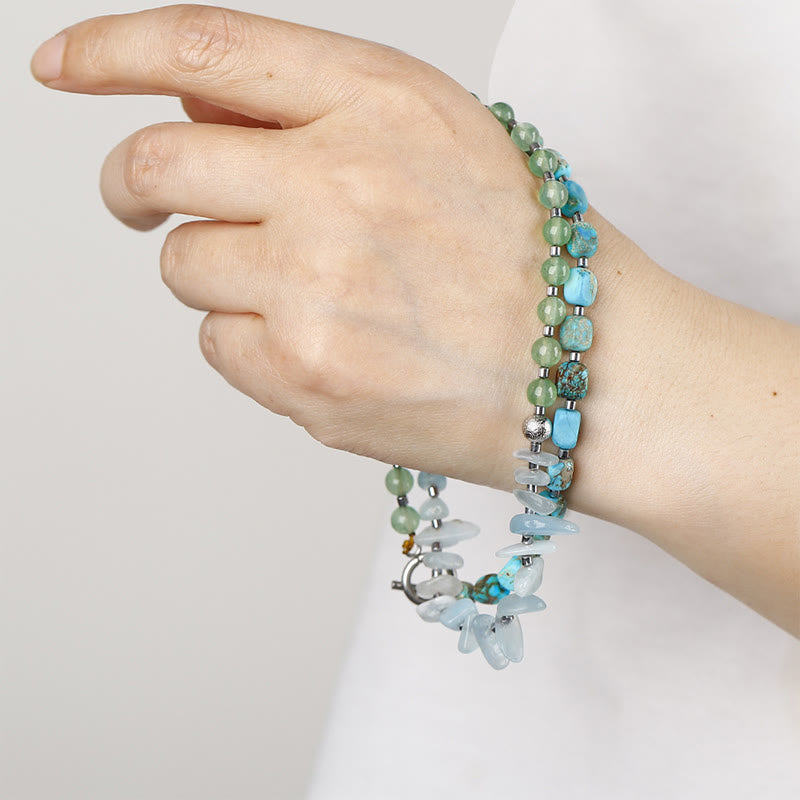 Triple Wrap Imperial Jasper, Green Aventurine & Aquamarine Layered Stone Bracelet