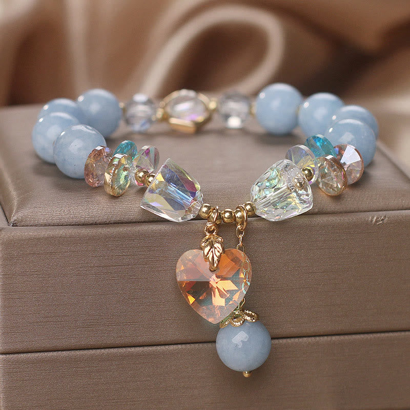 Aquamarine Green Crystal Love Heart Charm Healing Bracelet