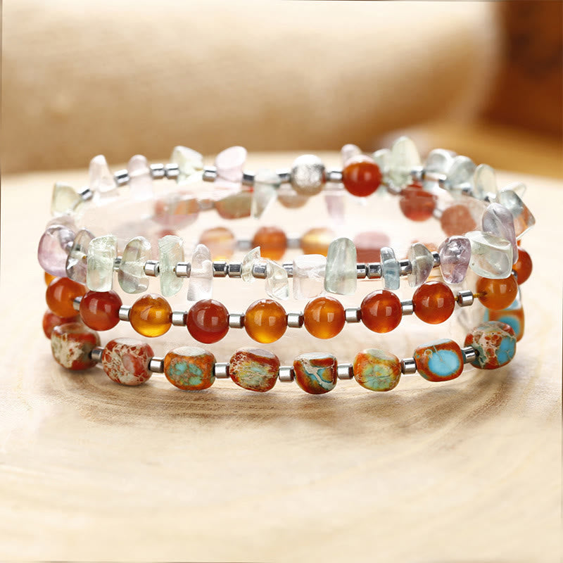 Triple Wrap Imperial Jasper, Red Agate & Fluorite Beaded Energy Bracelet