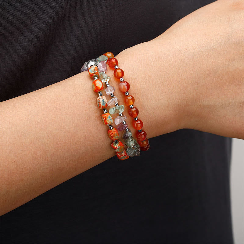Triple Wrap Imperial Jasper, Red Agate & Fluorite Beaded Energy Bracelet