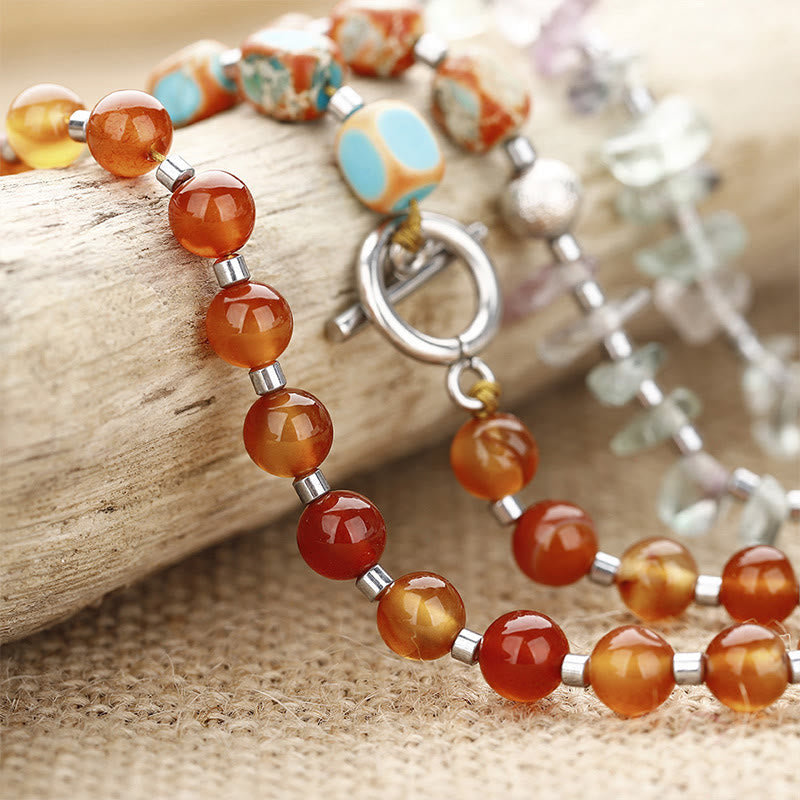 Triple Wrap Imperial Jasper, Red Agate & Fluorite Beaded Energy Bracelet