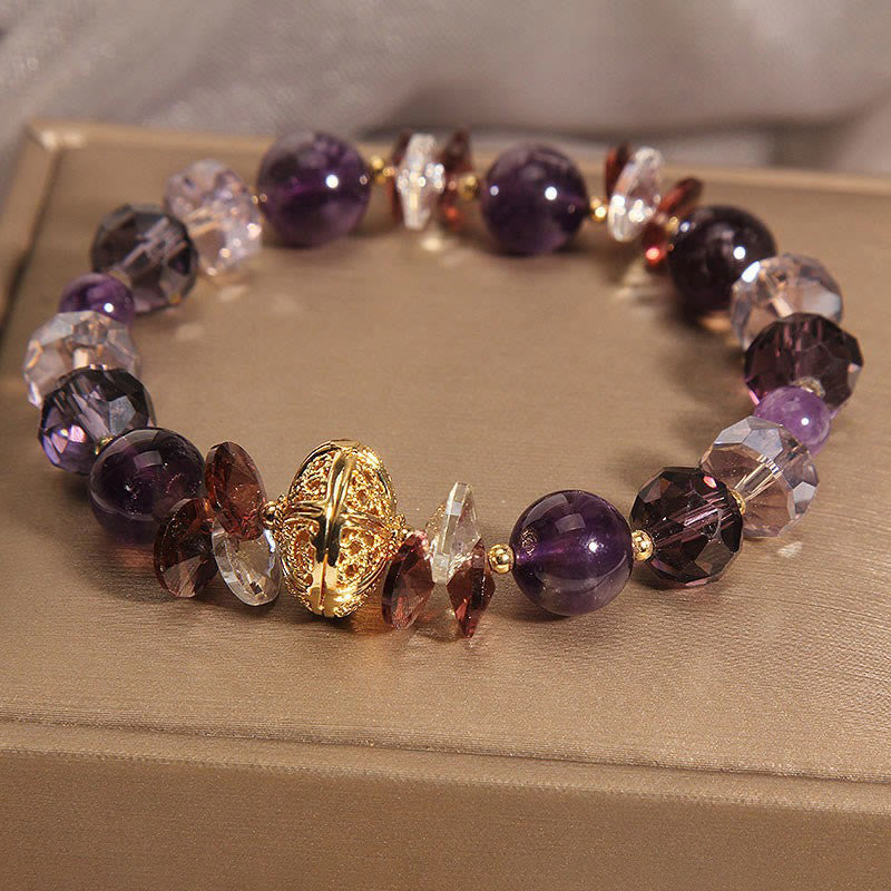 Amethyst Clear & Red Quartz Beaded Bracelet with Alloy Pumpkin Accent