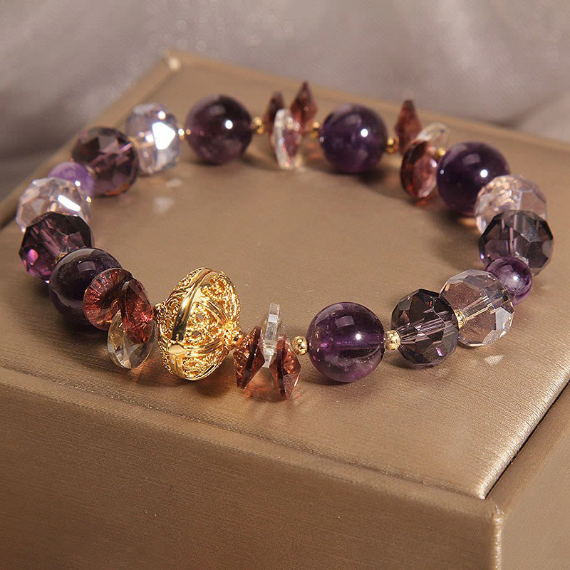 Amethyst Clear & Red Quartz Beaded Bracelet with Alloy Pumpkin Accent
