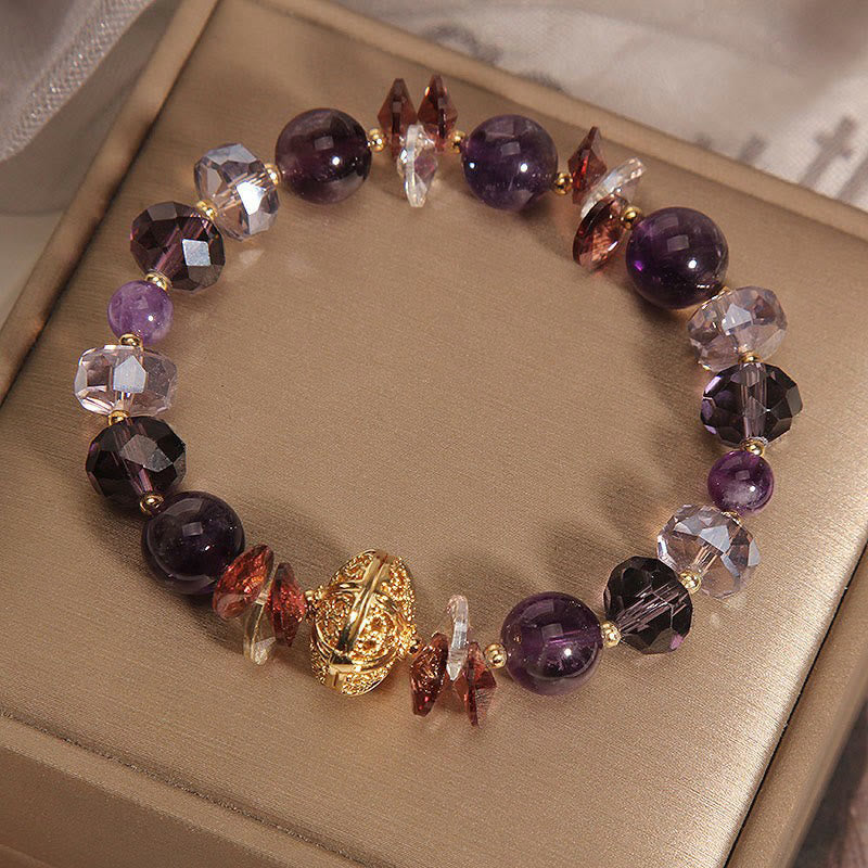 Amethyst Clear & Red Quartz Beaded Bracelet with Alloy Pumpkin Accent