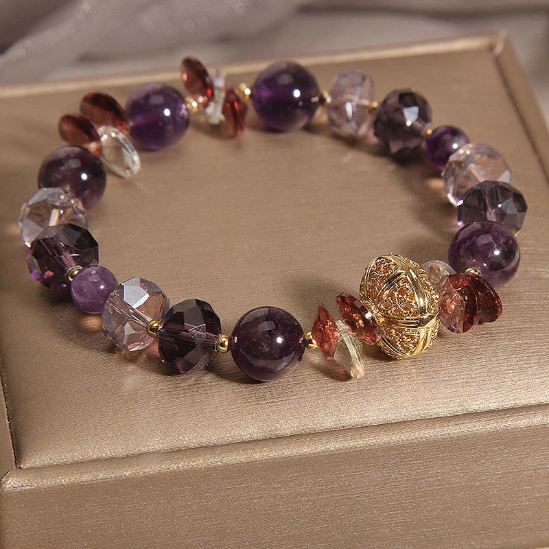Amethyst Clear & Red Quartz Beaded Bracelet with Alloy Pumpkin Accent