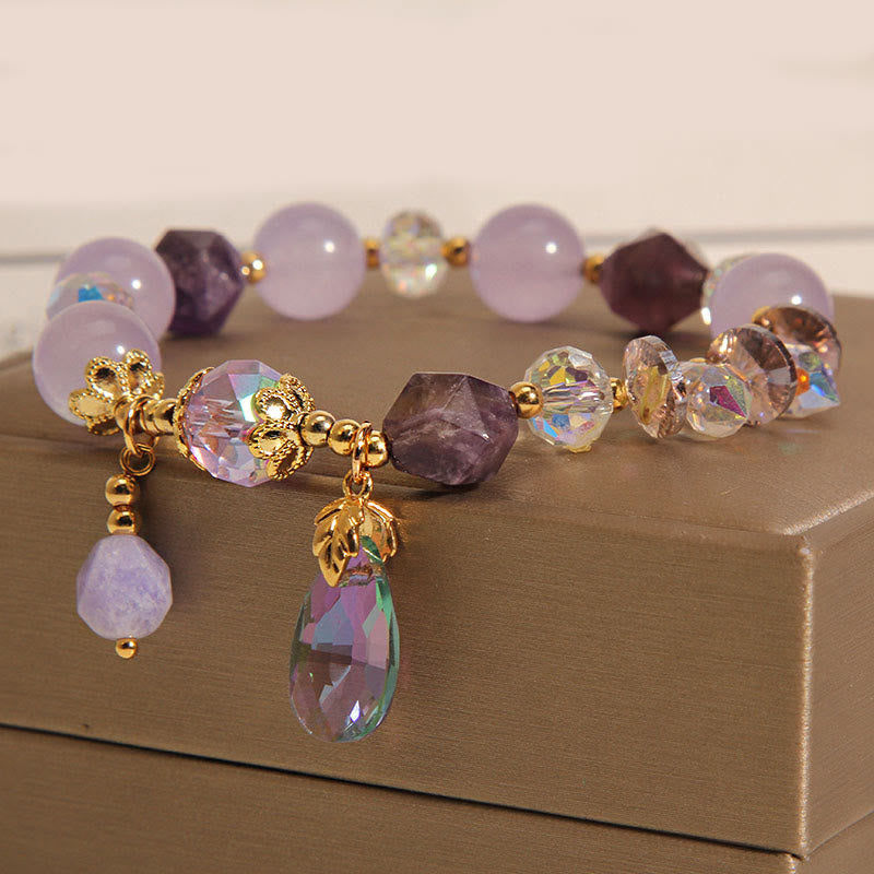 Natural Amethyst and Clear Quartz Teardrop Meditation Bracelet