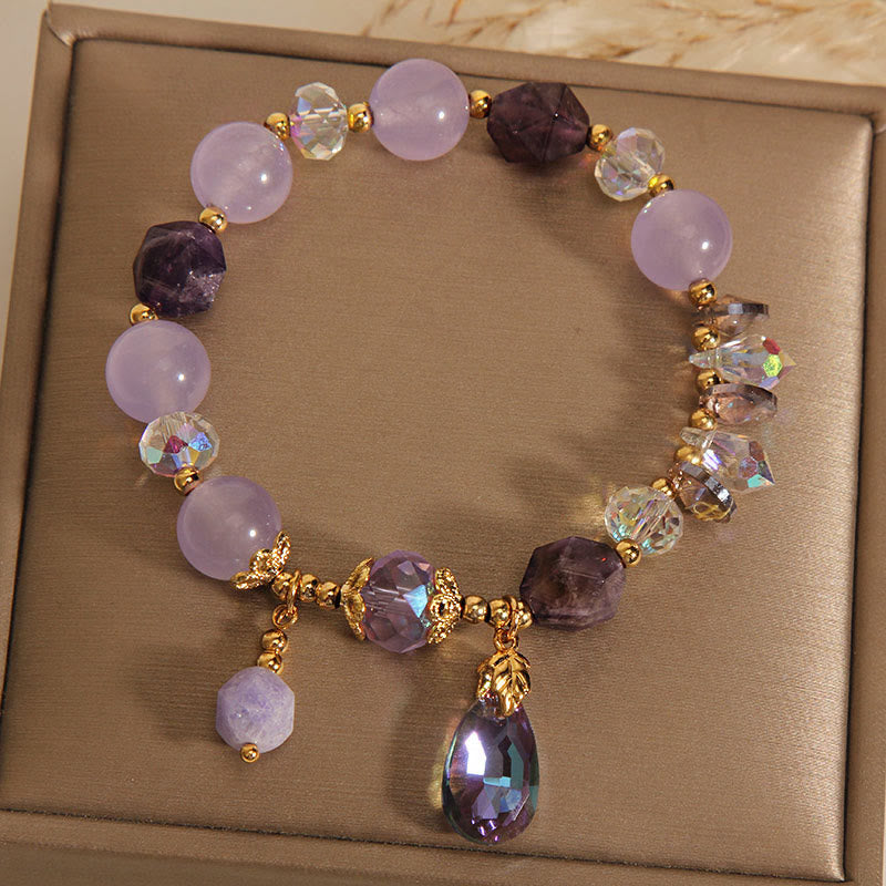 Natural Amethyst and Clear Quartz Teardrop Meditation Bracelet