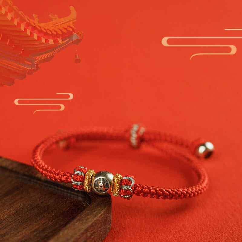 Sterling Silver Chinese Character Hand-Braided Red String Bracelet