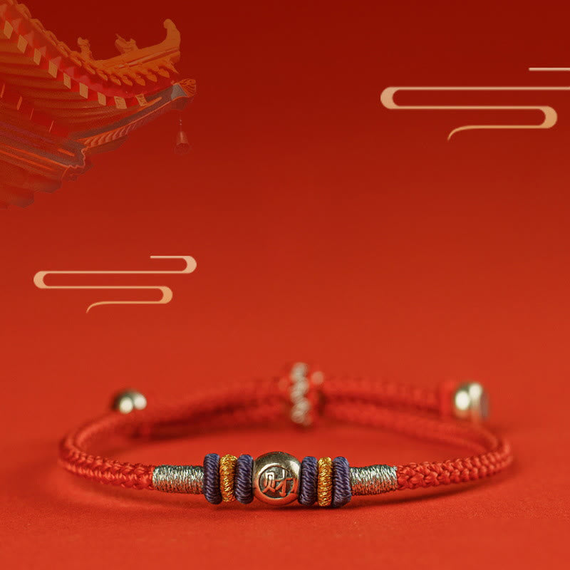 Sterling Silver Chinese Character Hand-Braided Red String Bracelet