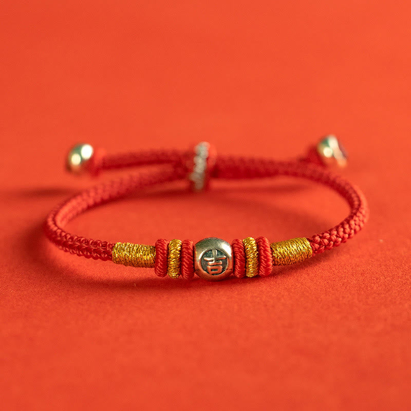 Sterling Silver Chinese Character Hand-Braided Red String Bracelet