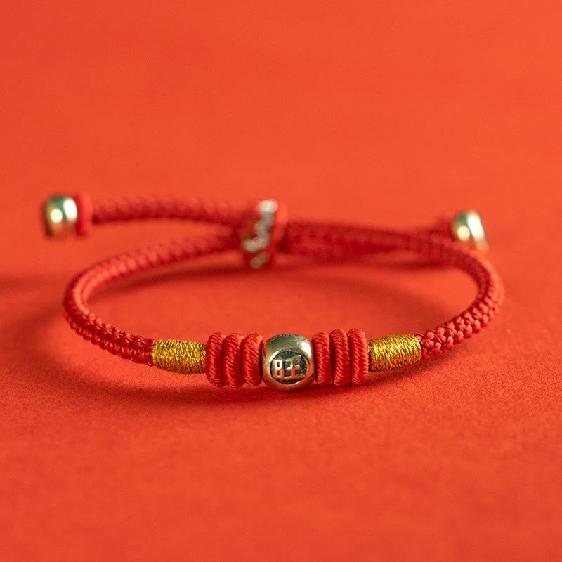 Sterling Silver Chinese Character Hand-Braided Red String Bracelet