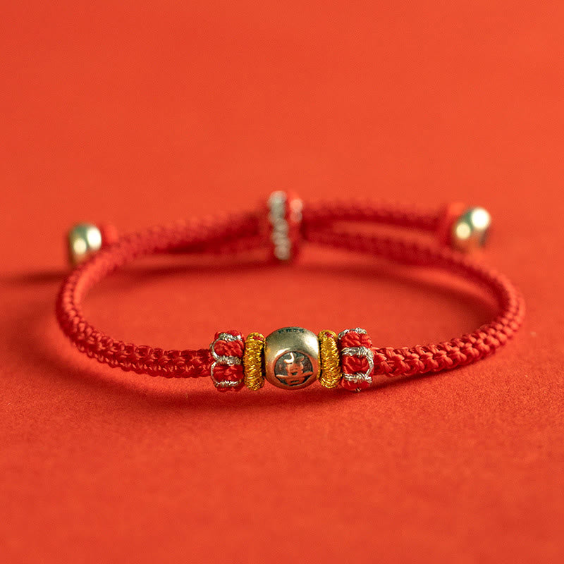 Sterling Silver Chinese Character Hand-Braided Red String Bracelet
