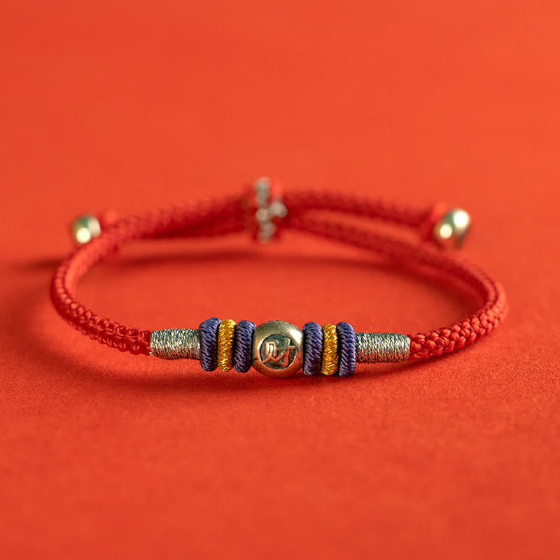 Sterling Silver Chinese Character Hand-Braided Red String Bracelet