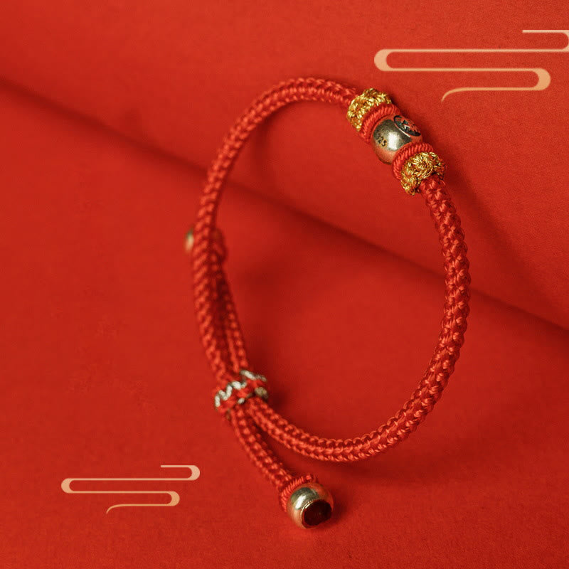 Sterling Silver Chinese Character Hand-Braided Red String Bracelet