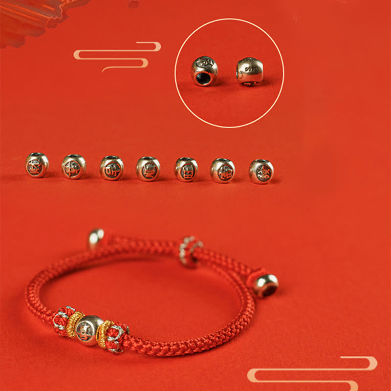 Sterling Silver Chinese Character Hand-Braided Red String Bracelet