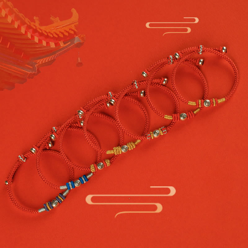Sterling Silver Chinese Character Hand-Braided Red String Bracelet