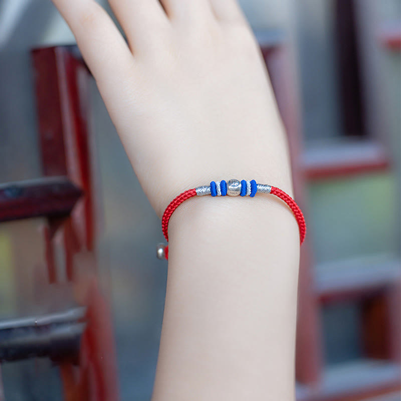 Sterling Silver Chinese Character Hand-Braided Red String Bracelet