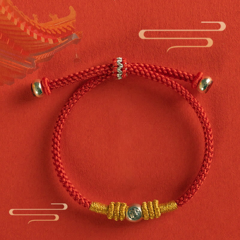 Sterling Silver Chinese Character Hand-Braided Red String Bracelet