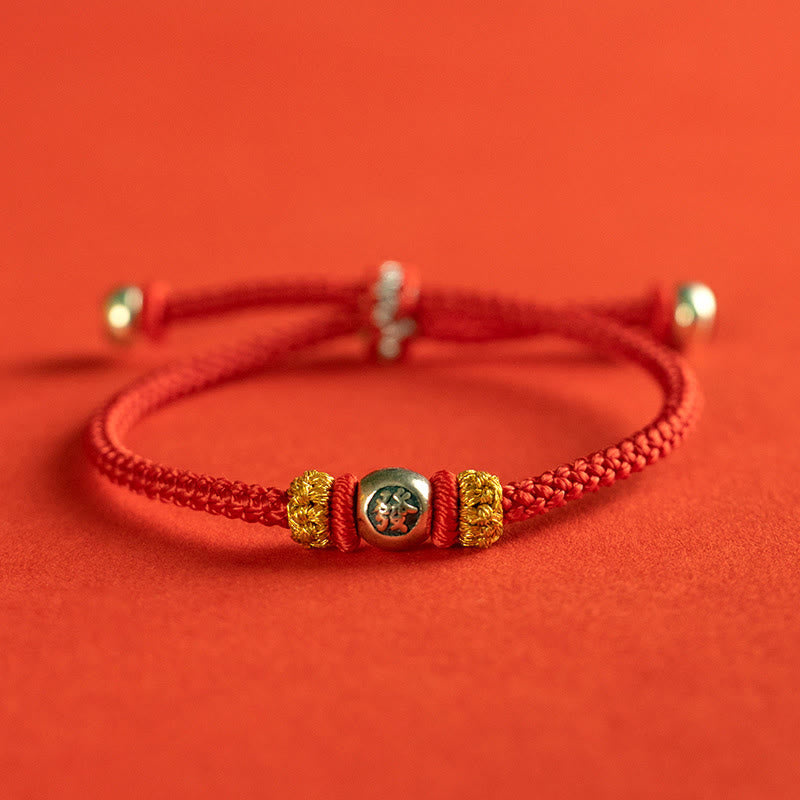 Sterling Silver Chinese Character Hand-Braided Red String Bracelet