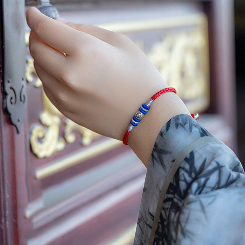 Sterling Silver Chinese Character Hand-Braided Red String Bracelet