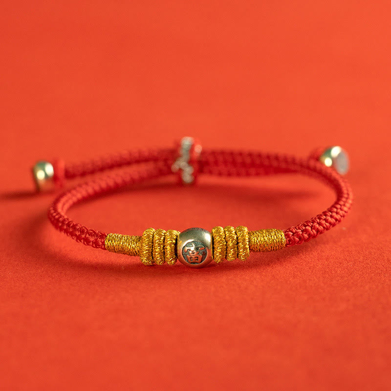 Sterling Silver Chinese Character Hand-Braided Red String Bracelet