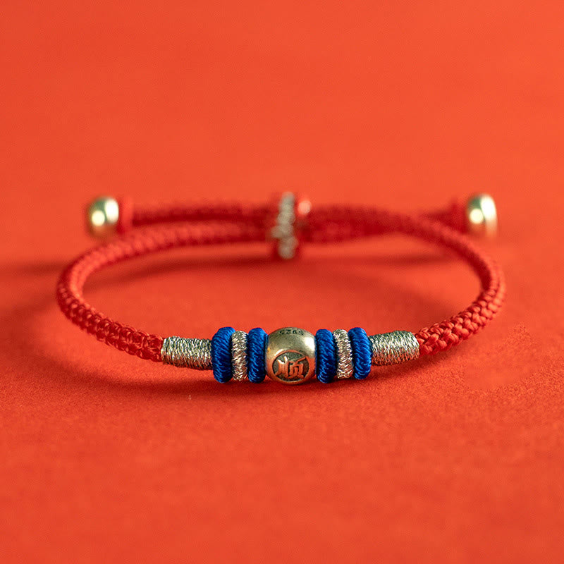 Sterling Silver Chinese Character Hand-Braided Red String Bracelet