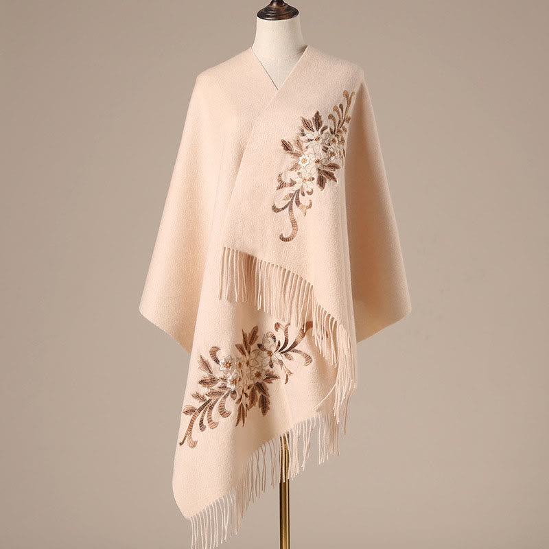 Wool Shawl Begonia Embroidery Tassel Winter Cozy Travel Scarf Wrap (Extra 30% Off | USE CODE: FS30)