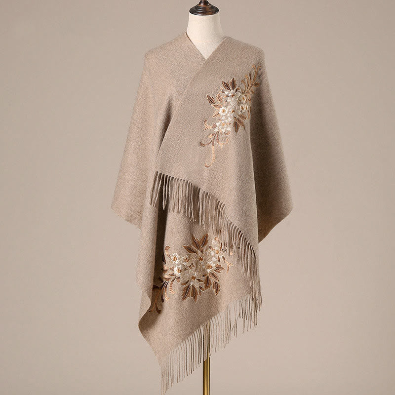 Wool Shawl Begonia Embroidery Tassel Winter Cozy Travel Scarf Wrap (Extra 30% Off | USE CODE: FS30)