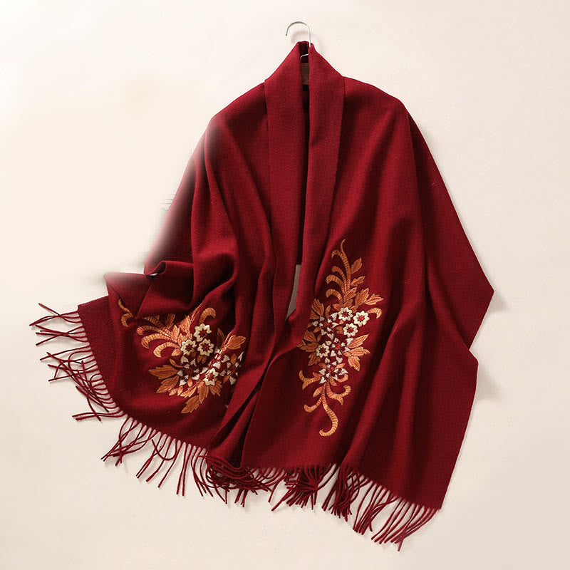 Wool Shawl Begonia Embroidery Tassel Winter Cozy Travel Scarf Wrap (Extra 30% Off | USE CODE: FS30)