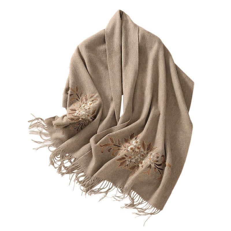 Wool Shawl Begonia Embroidery Tassel Winter Cozy Travel Scarf Wrap (Extra 30% Off | USE CODE: FS30)