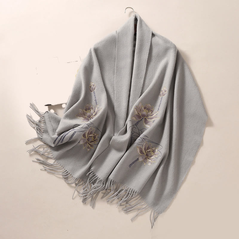 Wool Shawl Lotus Embroidery Tassel Winter Cozy Travel Scarf Wrap