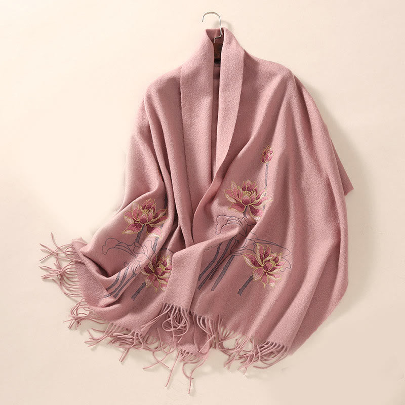 Wool Shawl Lotus Embroidery Tassel Winter Cozy Travel Scarf Wrap