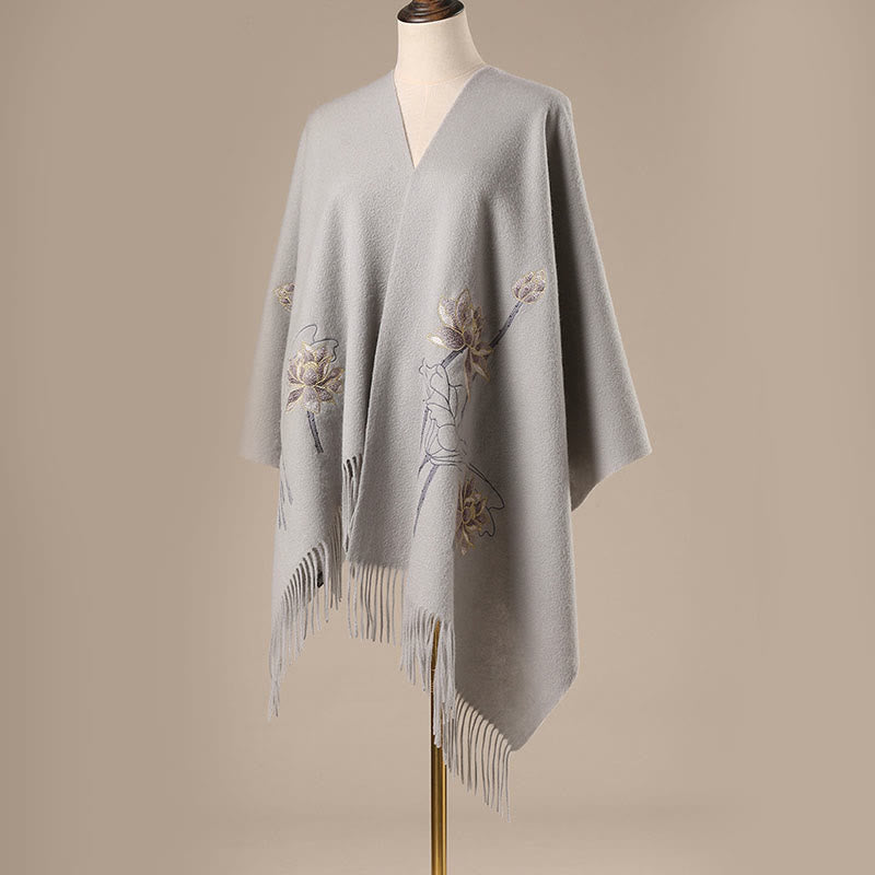 Wool Shawl Lotus Embroidery Tassel Winter Cozy Travel Scarf Wrap