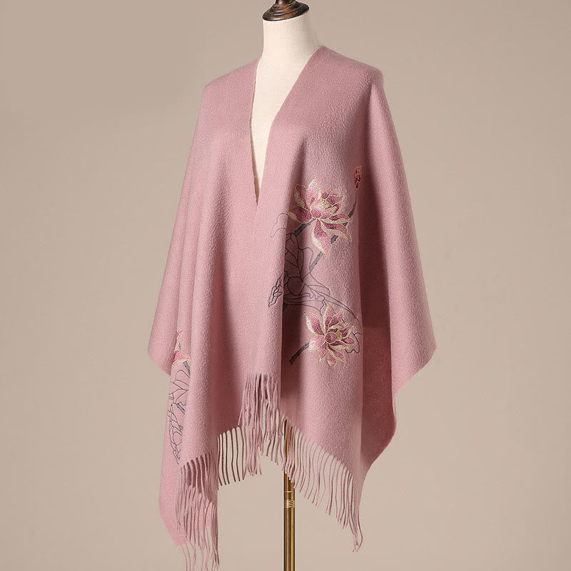 Wool Shawl Lotus Embroidery Tassel Winter Cozy Travel Scarf Wrap