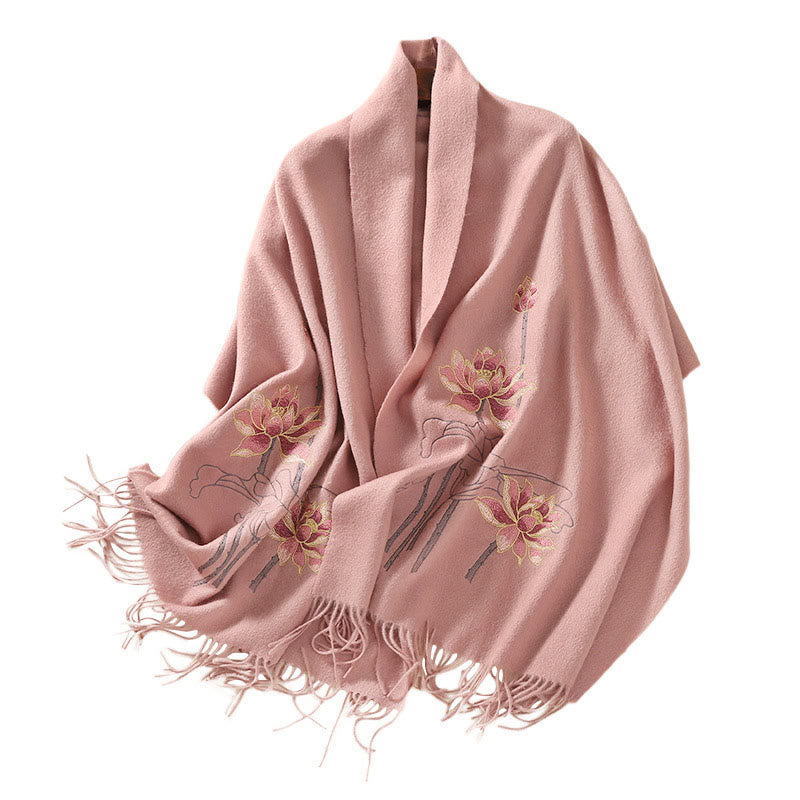 Wool Shawl Lotus Embroidery Tassel Winter Cozy Travel Scarf Wrap