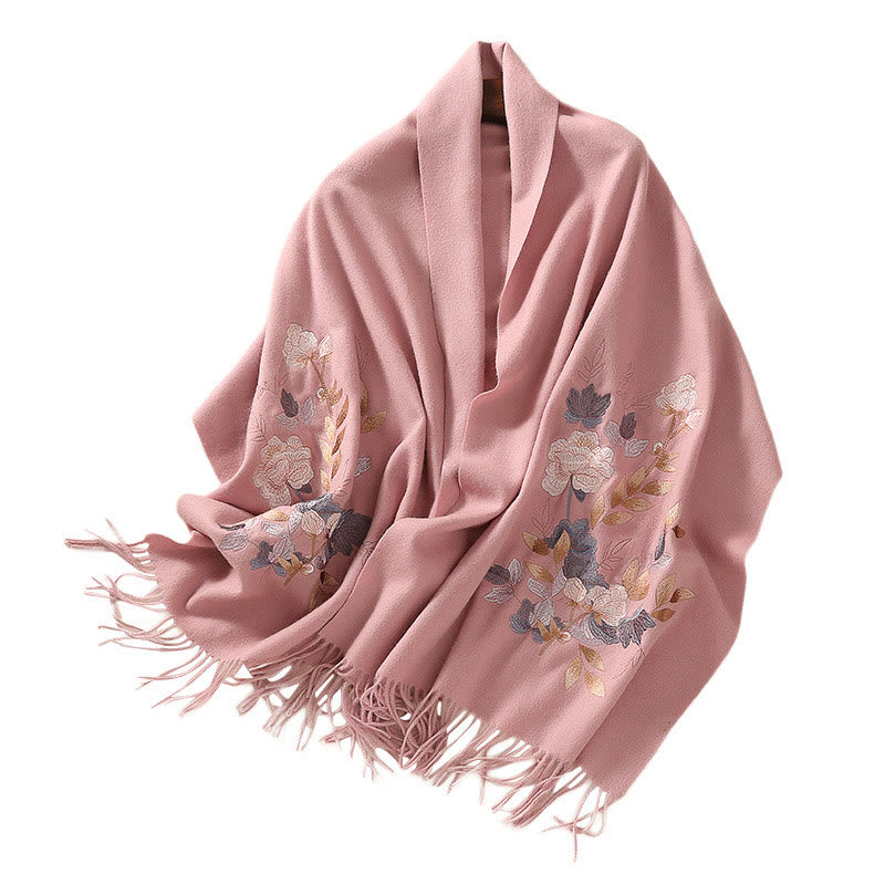 Wool Shawl Weiyang Flower Embroidery Tassel Winter Cozy Travel Scarf Wrap