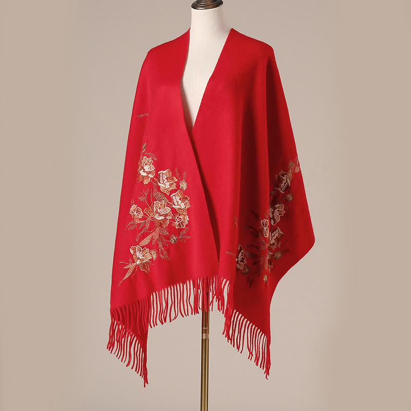 Wool Shawl Flowers Leaves Embroidery Tassel Winter Cozy Travel Scarf Wrap