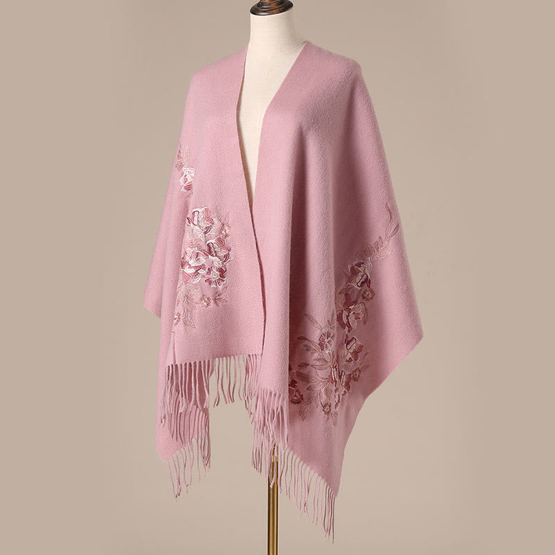Wool Shawl Flowers Leaves Embroidery Tassel Winter Cozy Travel Scarf Wrap
