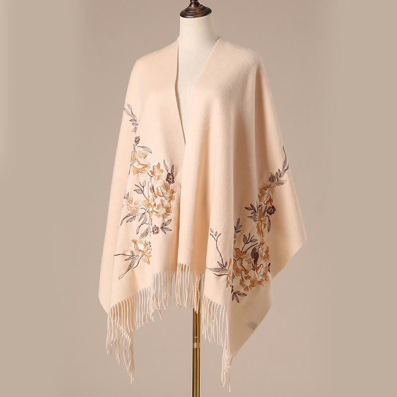 Wool Shawl Flowers Leaves Embroidery Tassel Winter Cozy Travel Scarf Wrap