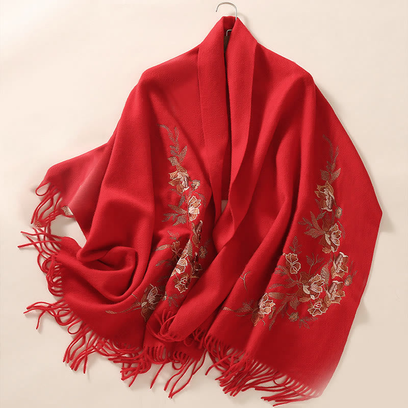 Wool Shawl Flowers Leaves Embroidery Tassel Winter Cozy Travel Scarf Wrap